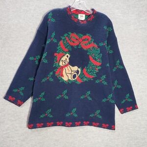 VINTAGE Nutcracker Women‎ Sweater Large Blue Teddy Bear Christmas Holiday